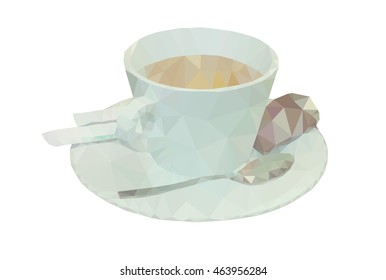 Cup of coffee with a spoon and cookies. Work is performed in warm colors, with use of polygonal graphics.