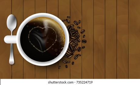 Cup of coffee with spoon, heart, coffee beans and steam on a wooden background. Vector illustration.