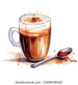 Una taza de café con cuchara aislada de fondo blanco