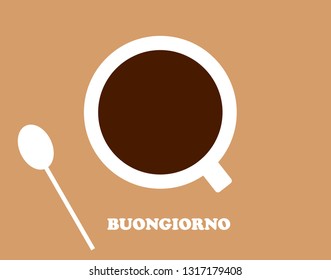 cup of coffee with a spoon on a beige background and the inscription in Italian good morning