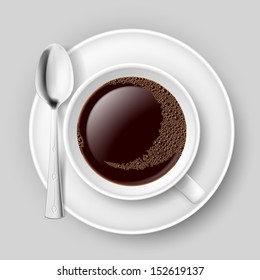 Cup of coffee with spoon on saucer. Top view. Illustration on grey background.