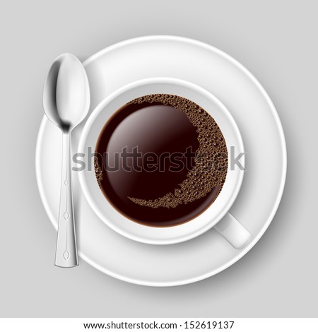 Cup of coffee with spoon on saucer. Top view. Illustration on grey background.
