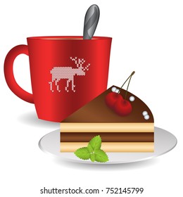 A cup of coffee with a spoon, a piece of cake on a plate. The cake is decorated with cherries, chocolate. There is a sprig of mint on the plate. There is a deer on the cup.
