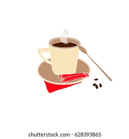 A cup of coffee and a spoon, sugar and coffee beans.