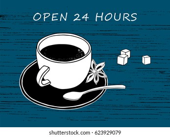 A cup of coffee with a spoon and sugar at midnight.
