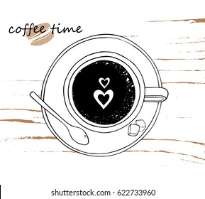 A cup of coffee with a spoon and sugar on a textured background.