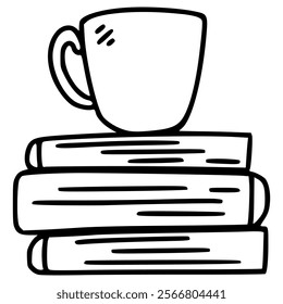 cup of coffee with stack of books hand drawn outline illustration