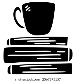 cup of coffee with stack of books hand drawn glyph illustration