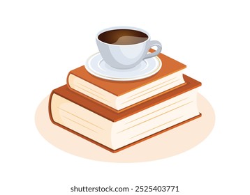 Taza de café y pila de libros de Ilustración vectorial. Taza de café en una pila de iconos de libros aislados sobre un fondo blanco. Leer la naturaleza muerta con el dibujo de la bebida caliente