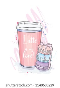 A cup of coffee and a stack of macaroons. Vector illustration. Food and drink, vintage and retro. Print for postcard or poster. Coffee to go. Paper cup.