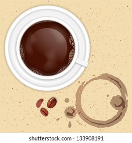 Cup of Coffee with Stains and Grains on Table, vector illustration