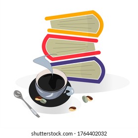 A cup of coffee stands next to a stack of books, 
Cartoon style.
Vector isolated.