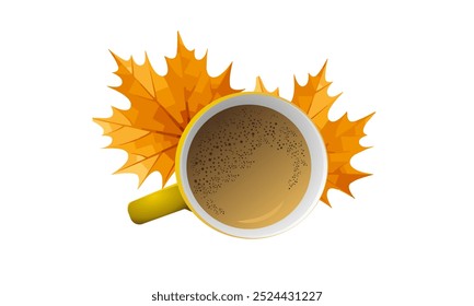 A cup of coffee stands on the leaves. autumn still lifes with leaves and a cup.