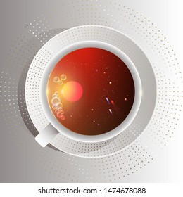 A Cup of coffee with stars reflecting in it, comets, the sun. Vector. For social. networks, sites, landing pages