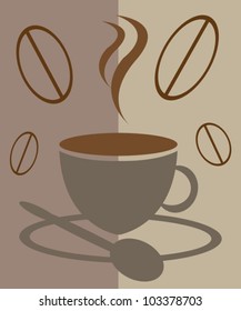 cup of coffee, steam and coffee beans