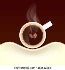 Cup of coffee with steam and coffee beans, top view