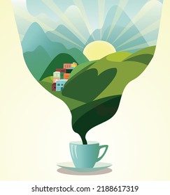 una taza de café con vapor que emana de ella en forma de nube con paisaje montañoso. ambiente natural agradable con plantaciones de café