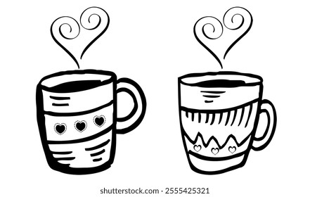Cup of coffee steam heart. Black illustration on white background