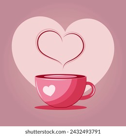 Taza de café con vapor en el fondo del corazón, diseño colorido. Ilustración, vector
