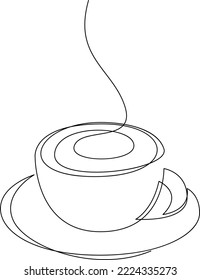 Cup of coffee with steam on plate continuous line drawing.