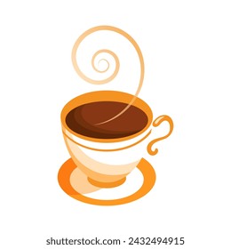 Cup of coffee with steam on a white background. Illustration, logo, vector