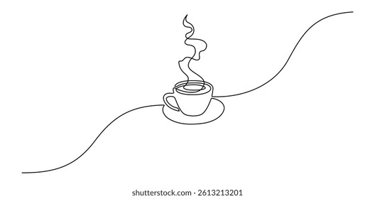 Cup coffee with steam in One continuous line drawing. Morning hot drink for breakfast menu in cafe and web banner in simple linear style. Editable stroke. Doodle outline vector illustration