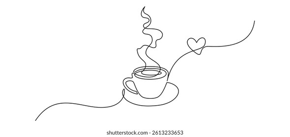Cup coffee with steam in One continuous line drawing. Morning hot drink for breakfast menu in cafe and web banner in simple linear style. Editable stroke. Doodle oneline Vector illustration