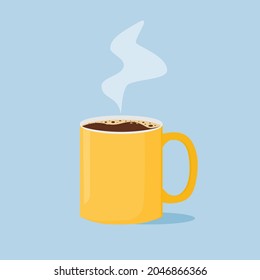 Cup of coffee with steam. Vector object, flat design on a blue background.