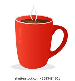 Cup of coffee with steam.Vector illustration with a big red mug. Hot drink on an isolated background.