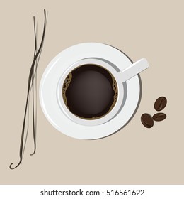 A cup of coffee. The stick of vanilla and cocoa beans. Vector