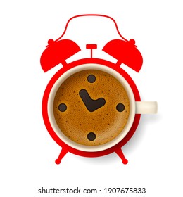 Cup of coffee with stylized clock face, hour and minute hands on frothy surface, with silhouette of alarm clock on background. Time to have a coffee break, coffee pause and relax, coffee time concept