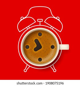 Cup of coffee with stylized clock face, hour and minute hands on frothy surface, with silhouette of alarm clock on background. Time to have a coffee break, coffee pause and relax, coffee time concept