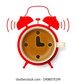 Cup of coffee with stylized clock face, hour and minute hands on frothy surface, with silhouette of alarm clock on background. Time to have a coffee break, coffee pause and relax, coffee time concept