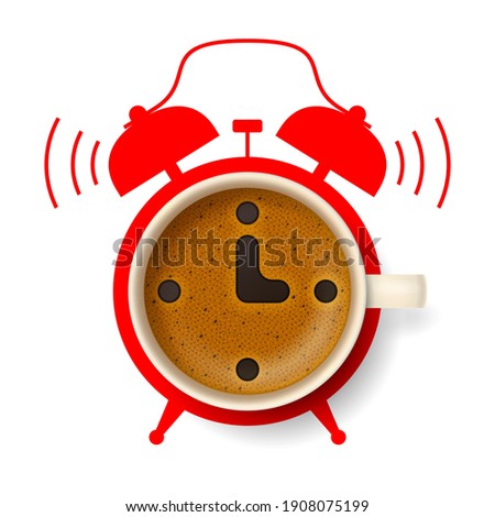 Cup of coffee with stylized clock face, hour and minute hands on frothy surface, with silhouette of alarm clock on background. Time to have a coffee break, coffee pause and relax, coffee time concept