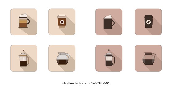 

Cup of coffee.Set of stylized flat icons, fresh black coffee and latte, placed on pink and beige background. Black aromatic ground coffee. Icons for cafe and restaurant logo. Vector graphics