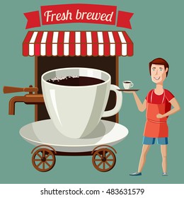 A cup of coffee stylized street cafe on wheels, barista , cartoon, vector illustration