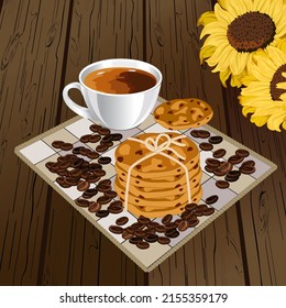 Cup with coffee and sunflowers.Vector illustration with a cup of coffee, cookies and sunflowers on a wooden background.