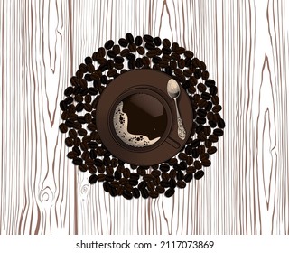 A cup of coffee surrounded by a circle of coffee beans. Coffee cup on a wooden background. Antique engraving, stylized drawing. Vector illustration