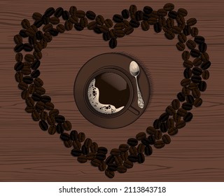 A cup of coffee surrounded by a heart of coffee beans. Arabica coffee beans in the shape of a heart and a coffee cup on a wooden background. Antique engraving, stylized drawing. Vector illustration