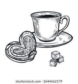 A cup of coffee with a sweet bun and lump sugar. Breakfast with coffee. All objects are hand-drawn in vector. The illustration is suitable for printing in cafes and pastry shops, on food packaging.