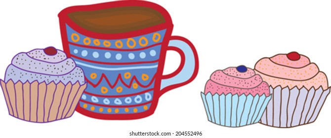 cup of coffee and sweet cakes