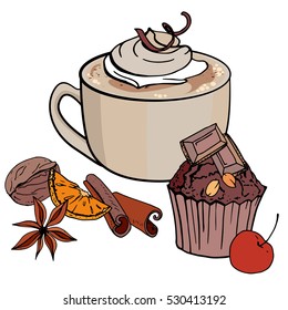 Cup of coffee and sweet chocolate cupcake isolated on white background. Vector illustration. For restaurant and cafe menu.