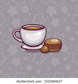 Cup of coffee and sweet chocolate macaroon. Traditional french dessert. Template for cafe logo and menu design.