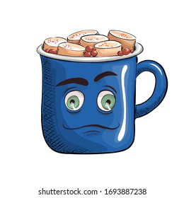 Copa de café con una cara dulce llena de una bebida caliente y malvaviscos. Vector para tarjetas de tipografía y carteles de diseño de pantalones T. Graciosa foto de caricatura en un estilo plano.