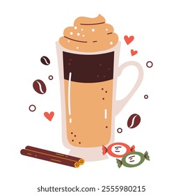 Cup of coffee with sweet food cupcake concept. Vector flat graphic design illustration