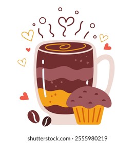 Cup of coffee with sweet food cupcake concept. Vector flat graphic design illustration