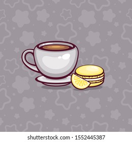 Cup of coffee and sweet lemon macaroon. Traditional french dessert. Template for cafe logo and menu design.