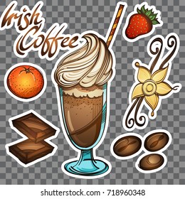 A cup of coffee, sweets and berries icon set for packaging, leaflets, goods.
