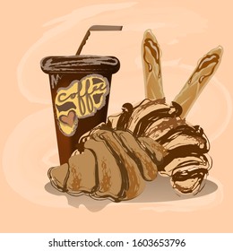 A cup of coffee, sweets and croissants. Vector illustration for coffee or candy shops