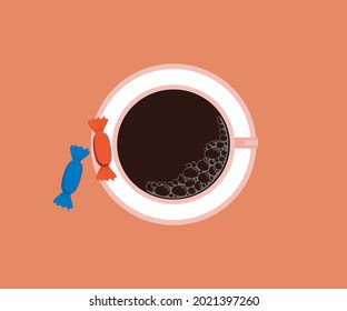a cup of coffee and sweets. top view